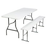 Ensemble table et banc pliants en plastique blanc pour jardin, camping, bar Ensemble table et banc pliants en plastique blanc pour jardin, camping, bar