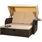 Melko - lit de bronzage / chaise de plage / salon en polyrattan, marron, y compris tablette latérale ... Melko - lit de bronzage / chaise de plage / salon en polyrattan, marron, y compris tablette latérale ...