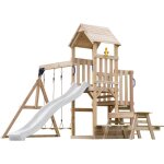 Axi mette aire de jeux en bois avec 2 balan�oires, toboggan blanc, table de pique nique / aire de jeux ...