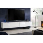 Meuble banc tv loreto, fa�ade brillant blanc / corps blanc mat, largeur 200 cm x hauteur 30 cm x profondeur ...