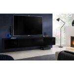 Meuble banc tv loreto, faade brillant noir / corps noir mat, largeur 200 cm x hauteur 30 cm x profondeur ...