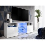 Meuble banc tv urbino, blanc / blanc, largeur 140cm x hauteur 53cm x profondeur 35cm, sans led, pour ...