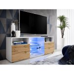 Meuble banc tv urbino, blanc / wotan, largeur 140cm x hauteur 53cm x profondeur 35cm, led bleues, pour ... Meuble banc tv urbino, blanc / wotan, largeur 140cm x hauteur 53cm x profondeur 35cm, led bleues, pour ...