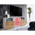 Komodee - meuble banc tv urbino, blanc / wotan, largeur 140cm x hauteur 53cm x profondeur 35cm, led rgb, ...