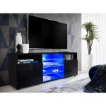 Meuble banc tv urbino, noir / noir, largeur 140cm x hauteur 53cm x profondeur 35cm, led bleues, pour ...