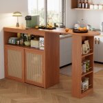 Meuble bar, bar escamotable avec rangement (138 - 193 x 39 x 104 cm), �tag�res r�glables, table haute, ...