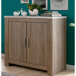 Pegane ? meuble bas de rangement 2 portes ch�ne truff� et blanc vieilli ? dimensions 99, 5 x 45 x 90, ...