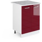 Meuble bas universel r - line, rouge bordeaux haute brillance, 60 cm avec portes, avec plan de travail ...