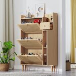 Meuble  chaussures en bois et rotin - 3 portes abattants et 1 tiroir - tagre rglable - naturel