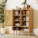Hommoo - meuble  chaussures en rotin avec 2 portes et 5 tagres, avec poignes en bois et pieds en ...