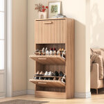 Meuble � chaussures en rotin 60x24x113cm, �troit �tag�re � chaussures avec 3 tiroirs rabattables, meuble ...