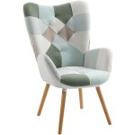 Fauteuil scandinave chaise de loisirs en tissu patchwork aqua, pieds en bois de hêtre, pour salon, chambre, ... Fauteuil scandinave chaise de loisirs en tissu patchwork aqua, pieds en bois de hêtre, pour salon, chambre, ...