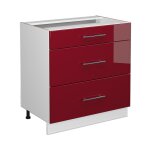 Meuble cuisine fame - line, rouge bordeaux haute brillance, 80 cm avec 3 tiroirs, sans plan de travail ...