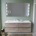 Meuble double vasque inox 140 cm rosinox + miroir led excellence - bois - plan vasque en Meuble double vasque inox 140 cm rosinox + miroir led excellence - bois - plan vasque en