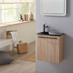 Meuble finition bois pour wc avec lave - mains en solid surface noir et mitigeur noir