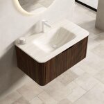 Meuble lavabo suspendu 80 cm avec vasque int�gr�e en pierre fritt�e effet travertin roma, meuble de salle ...