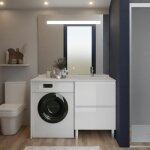Meuble lave - linge idea, plan vasque d�port�e + miroir el�gance h105 - blanc - vasque � droite