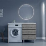 Meuble lave - linge kora avec plan vasque dporte + miroir rond fazzio - bois - vasque  droite