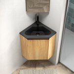 Meuble lave - mains d'angle mural 38 cm avec vasque int�gr�e en r�sine noir mat, meuble de salle de bain ...