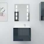 Cuisibane - meuble proline 70 cm avec plan vasque et miroir prestige - gris - plan vasque en r�sine