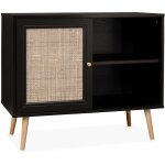 Sweeek - meuble de rangement en cannage 80x39x65. 8cm boh�me - noir - 2 niveaux - 1 porte - pieds scandinaves. ...