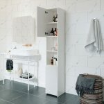 Meuble de rangement colonne armoire de salle de bain haute mince avec 2 portes brillantes 6 compartiments ...