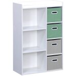 Meuble de rangement pour enfant avec 7 compartiments. 2 paniers verts et 2 paniers gris en velours