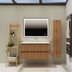 Meuble salle de bain 100 cm - plan vasque céramique - effet bois strié - a suspendre - karaib 2 Meuble salle de bain 100 cm - plan vasque céramique - effet bois strié - a suspendre - karaib 2
