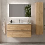 Meuble salle de bain - 100 cm - avec plan vasque - effet chêne brut - poignées noires - a suspendre - ... Meuble salle de bain - 100 cm - avec plan vasque - effet chêne brut - poignées noires - a suspendre - ...