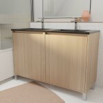 Meuble de salle de bains 120 cm 4 portes chêne clair + vasque double céramique noire - xenos Meuble de salle de bains 120 cm 4 portes chêne clair + vasque double céramique noire - xenos