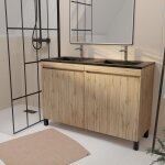 Meuble de salle de bains 120 cm 4 portes chêne naturel + vasque double céramique noire - timber Meuble de salle de bains 120 cm 4 portes chêne naturel + vasque double céramique noire - timber