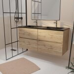 Meuble de salle de bains 120 cm 4 tiroirs chêne naturel + vasque double céramique noire - timber Meuble de salle de bains 120 cm 4 tiroirs chêne naturel + vasque double céramique noire - timber