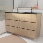 Meuble de salle de bains 120 cm 6 tiroirs chêne clair + vasque double céramique noire - xenos Meuble de salle de bains 120 cm 6 tiroirs chêne clair + vasque double céramique noire - xenos