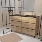 Meuble de salle de bains 120 cm 6 tiroirs chêne naturel + vasque double céramique noire - timber Meuble de salle de bains 120 cm 6 tiroirs chêne naturel + vasque double céramique noire - timber