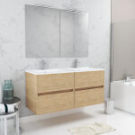 Meuble salle de bains 120 cm ch�ne clair 4 tiroirs, vasque, miroirs 60x80 et r�glettes led - xenos