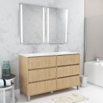 Meuble salle de bains 120 cm ch�ne clair 6 tiroirs, vasque, miroirs 60x80 � leds int�gr�es - xenos