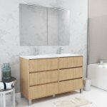 Meuble salle de bains 120 cm ch�ne clair 6 tiroirs, vasque, miroirs 60x80 et r�glettes led - xenos