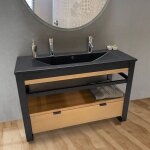 Meuble salle de bain 120 cm en ch�ne naturel et m�tal noir ? plan vasque noir ? tiroir avec coulisses ...