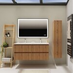Meuble salle de bain 120 cm - double vasque céramique - effet bois strié - a suspendre - karaib 2 Meuble salle de bain 120 cm - double vasque céramique - effet bois strié - a suspendre - karaib 2
