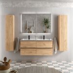 Meuble salle de bain - 120 cm - plan double vasques céramique - effet chêne brut - poignées noires - ... Meuble salle de bain - 120 cm - plan double vasques céramique - effet chêne brut - poignées noires - ...