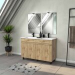 Aurlane - meuble salle de bains 120cm 4 portes chne naturel + vasque blanche et miroirs avec appliques ...