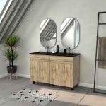Meuble salle de bains 120cm 4 portes ch�ne naturel + vasque noire et miroirs ovales