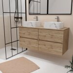 Aurlane - meuble salle de bains 120cm 4 tiroirs ch�ne naturel - 2 vasques blanches effet marbre 38x38x13cm ...