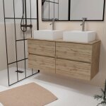Aurlane - meuble salle de bains 120cm 4 tiroirs ch�ne naturel - 2 vasques carr�es 41x41x15cm blanches ...