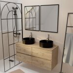 Aurlane - meuble salle de bains 120cm 4 tiroirs ch�ne naturel, 2 vasques noires �41cm et 2 miroirs 55x75 ...