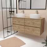 Aurlane - meuble salle de bains 120cm 4 tiroirs ch�ne naturel - 2 vasques rondes 36cm en c�ramique blanche ...