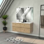 Aurlane - meuble salle de bains 120cm 4 tiroirs chne naturel + vasque blanche + miroirs avec appliques ...