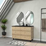 Meuble salle de bains 120cm 6 tiroirs ch�ne naturel + vasque noire et miroirs ovales