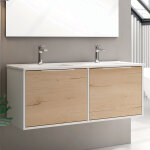 Meuble de salle de bain 120cm double vasque - 2 façades et 4 tiroirs - sans miroir - blanc / roble - ... Meuble de salle de bain 120cm double vasque - 2 façades et 4 tiroirs - sans miroir - blanc / roble - ...
