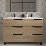 Meuble de salle de bain 140cm double vasque - 6 tiroirs - sans miroir - madera miel (bois clair) - mata ...
